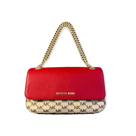NEW Michael Kors Scarlet & Natural Small Flap Logo Bag Jet Set Chain 38H8CTCF1V - Picture 6 of 15
